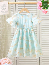 1pc Girls Summer Round Neck Flare Sleeve Ditsy Floral Ruched Waist Organza Long Dress